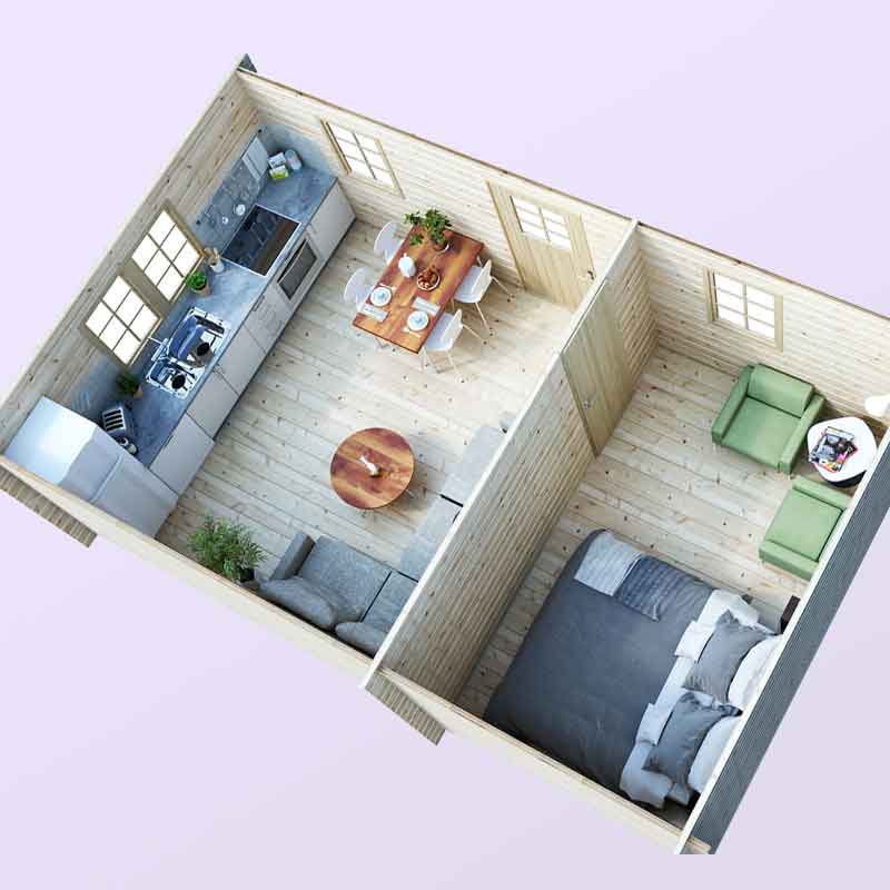 3D rendered floor plan for a 16x40 house in Oslo, Norway