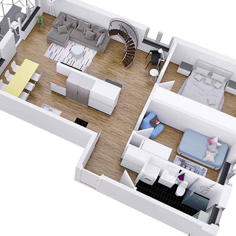 3D floor plan render image showing 2 bedroom house