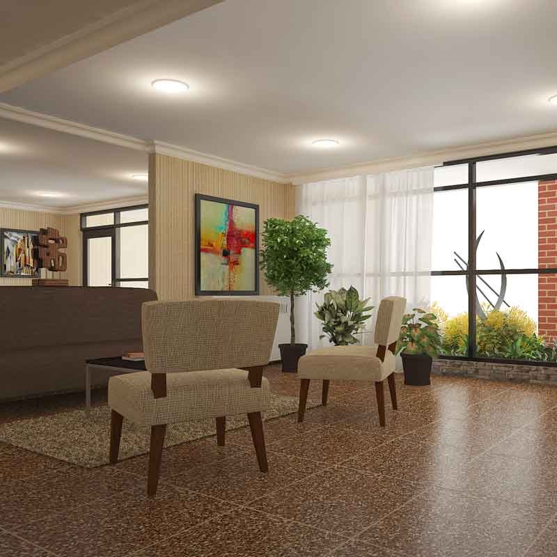 3D rendered view of an apartment lobby design in Brooklyn, United States