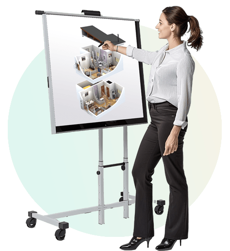 A lady architect showing 3D floor plan rendering