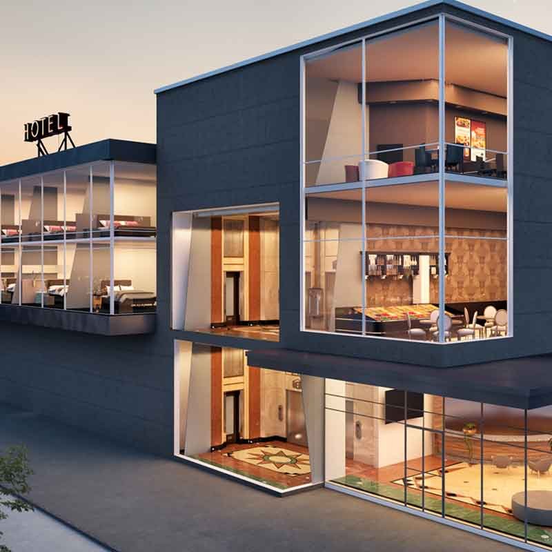 3D cross section render view of a hotel building in Bangalore, India
