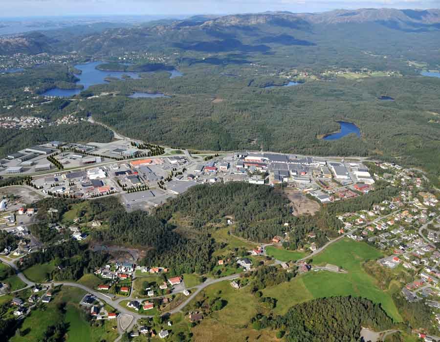 Aerial 3d photomontage view of a integrated township in Valavatna, Norway