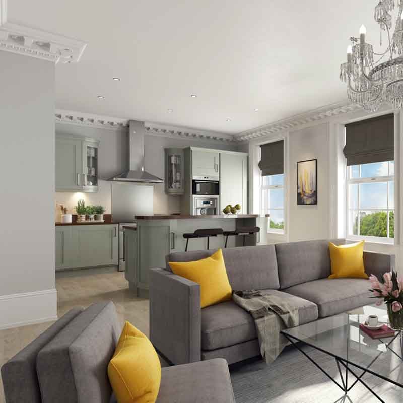 3D rendered image showing living room cum kitchen view of Brunswick apartment in London