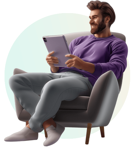 A man watching 3D rendered view of a home on an iPad