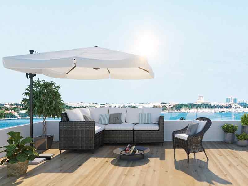 Exterior 3D view of an open terrace sitting area