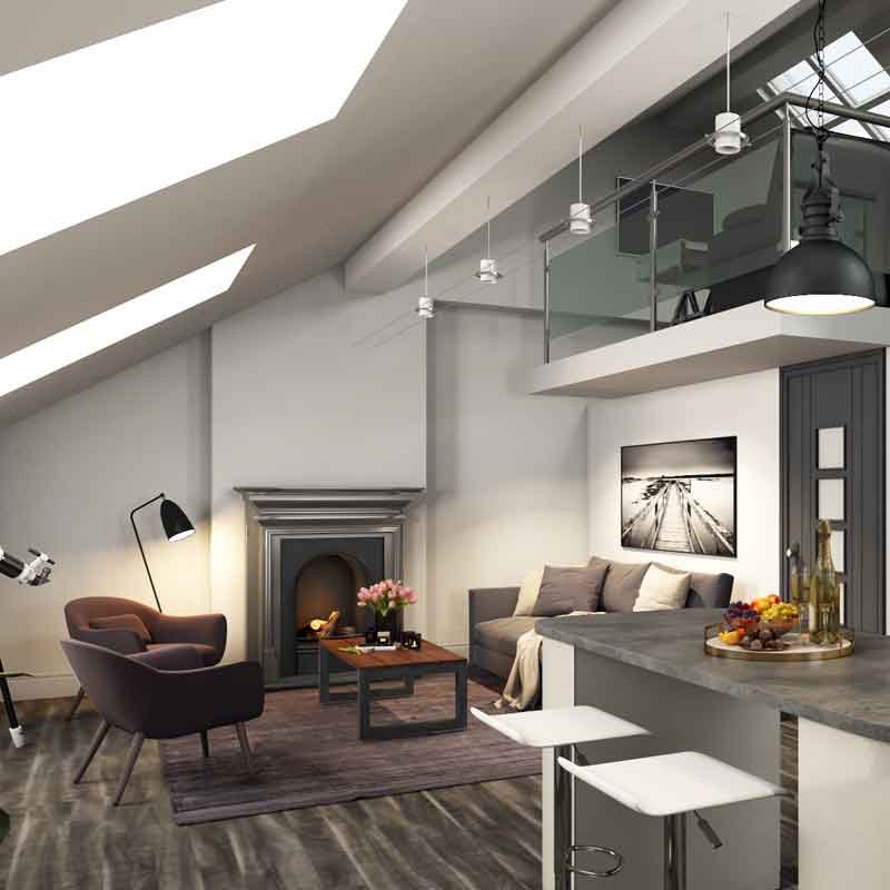 Living cum kitchen 3D render image