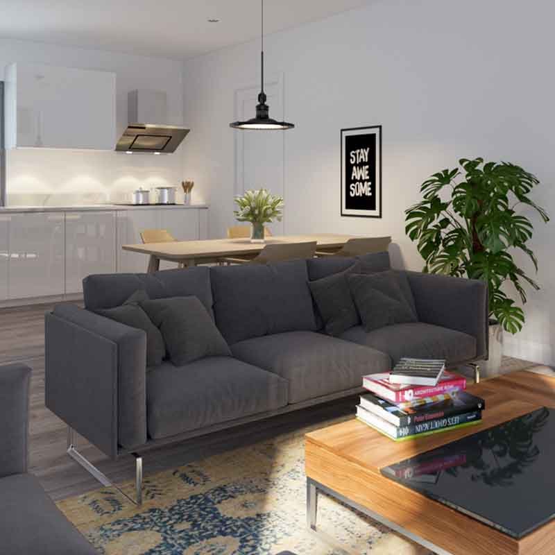 3D living room design rendering for an apartment in East Dulwich, London