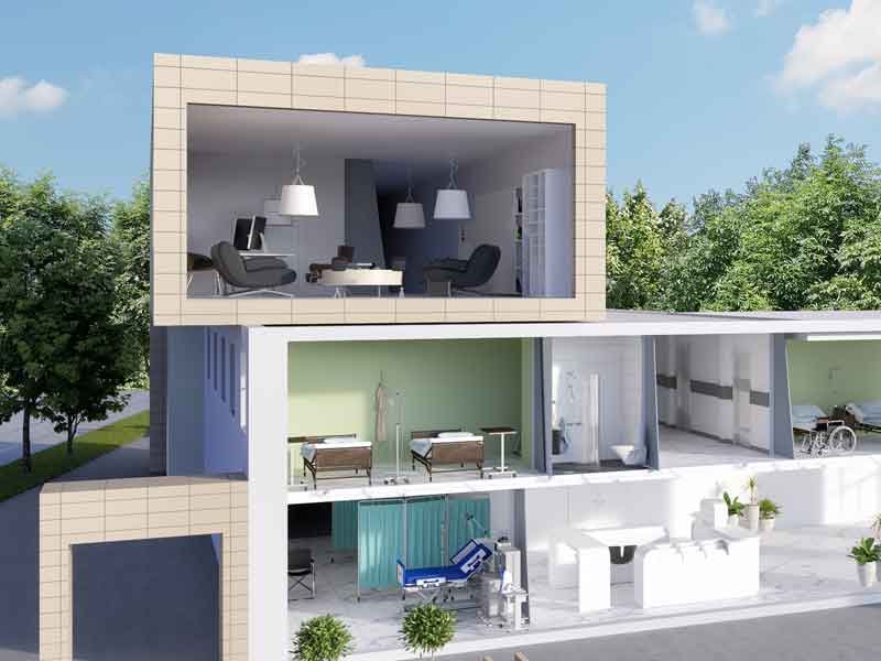 3d cross section view of a hospital in India