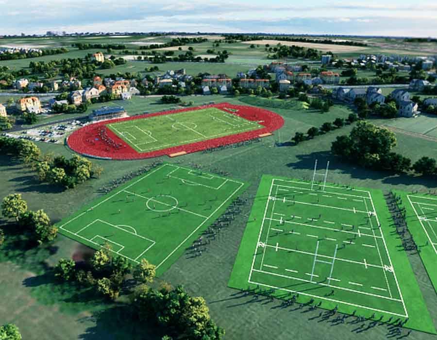 athletic track and soccer ground 3d render from school sport centre 3d animation