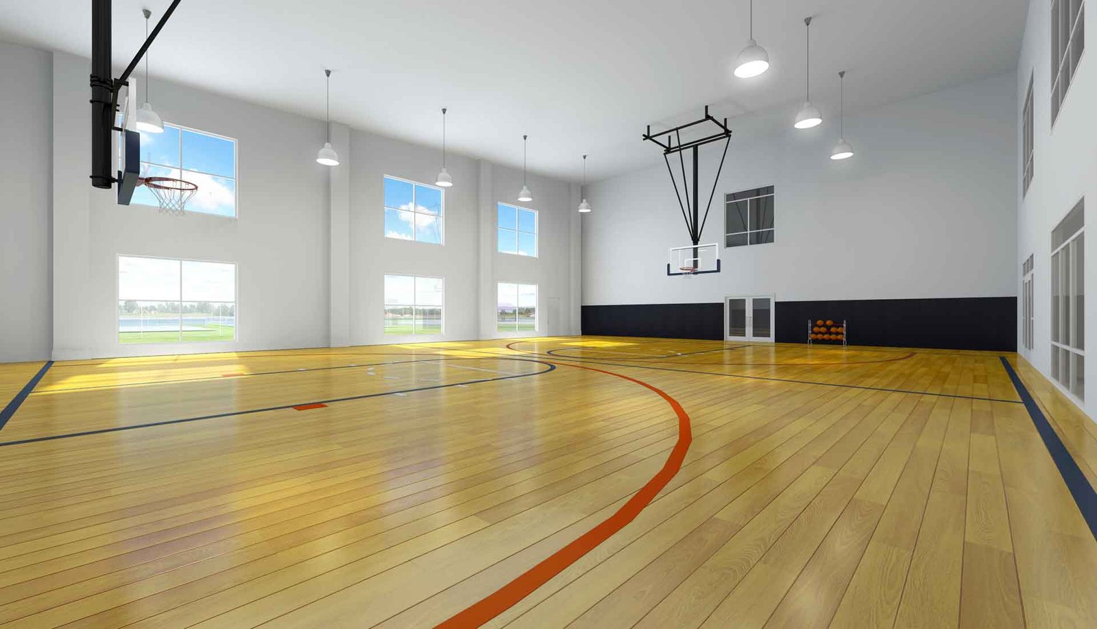 indoor basket ball court 3d render view from college sports centre 3d tour