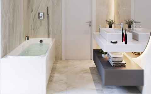 3D rendered view of a bathroom interior design