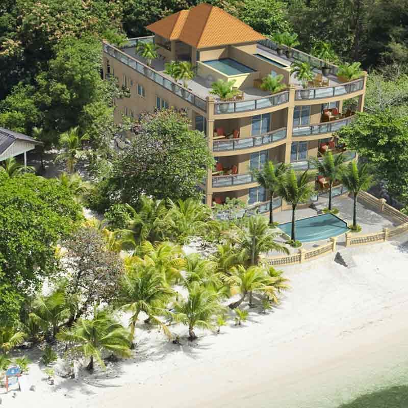 3D photo-montage aerial view of a beach side hotel in San Diego, California