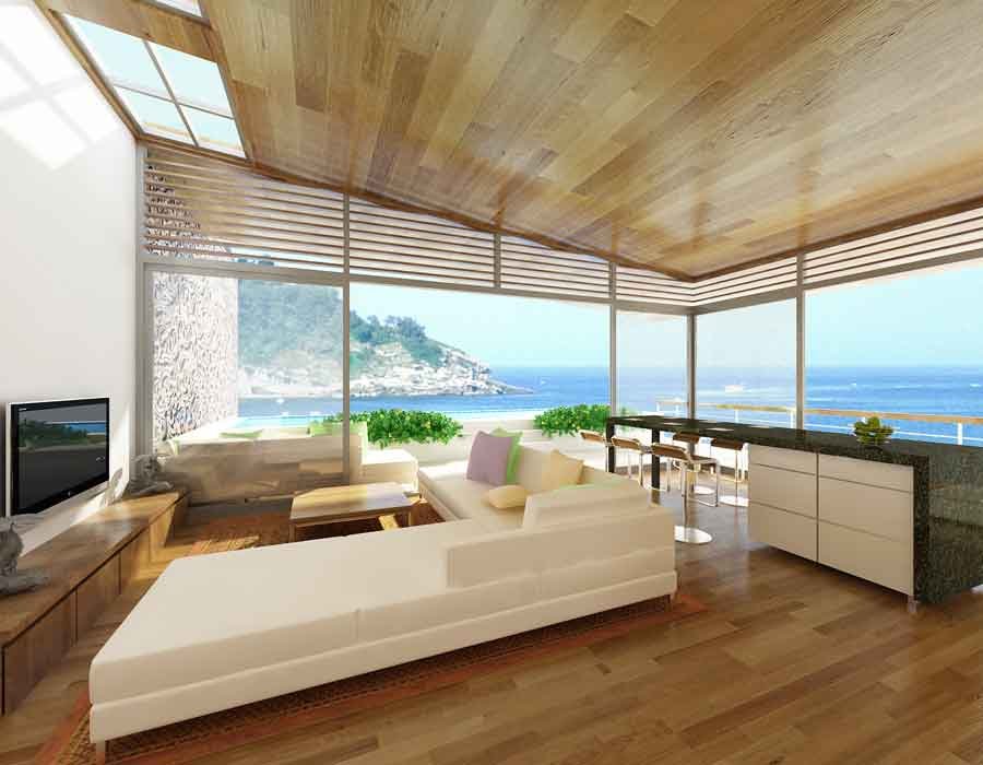 Interior 3d view of a beach resort in Kaek Beach, Thailand