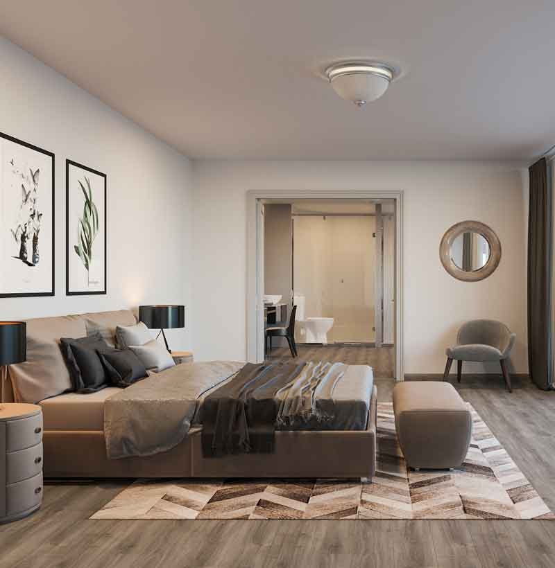 Interior 3D rendered view of an apartment bedroom in Florida