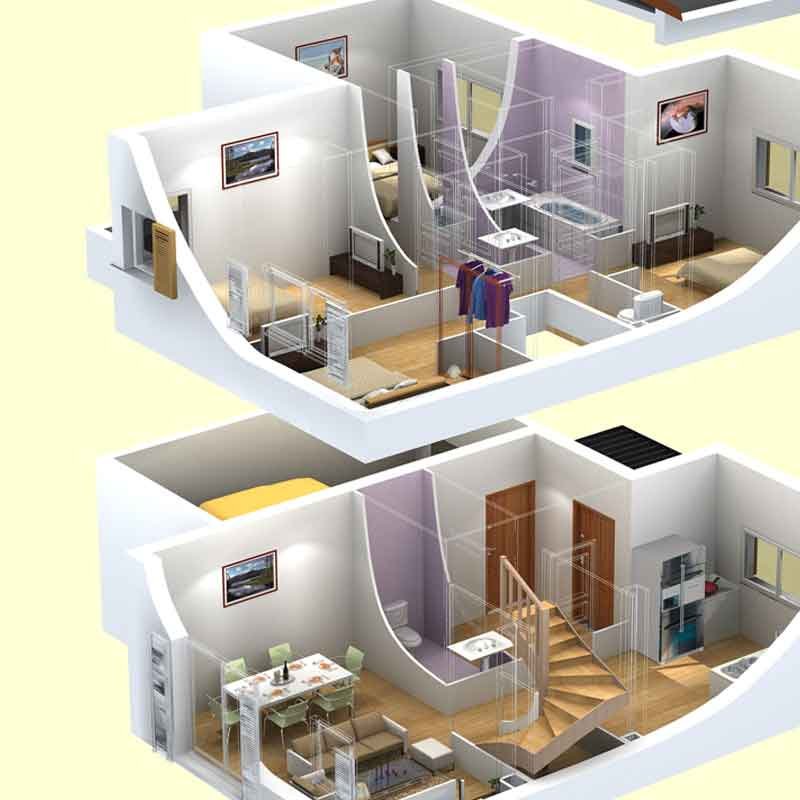 Cross section 3D view of a modern bungalow house in Miami, United States