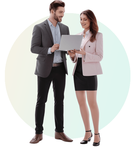A man and a lady watching business park 3d render images on laptop