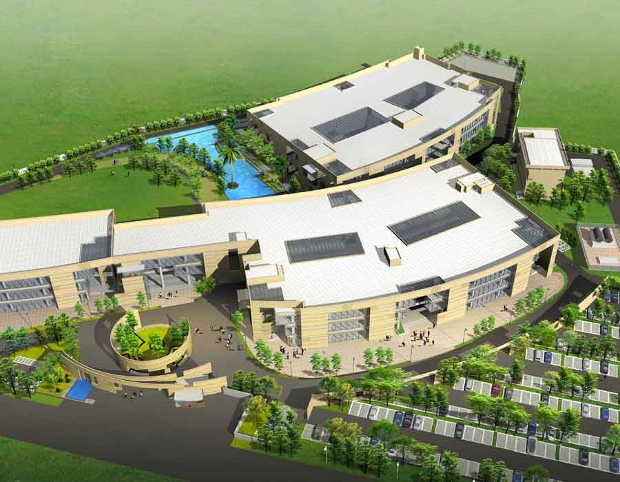 Aerial 3D render view of a business park in Bangalore, India