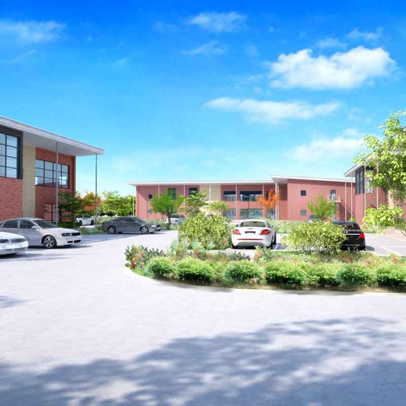 Exterior 3d render view of a business park in Tees Valley, England
