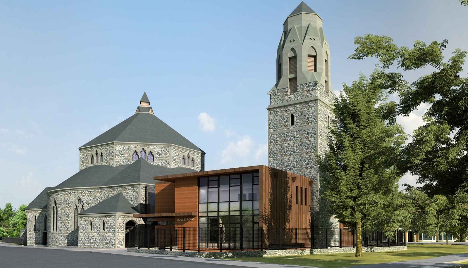 Exterior 3D view of Rock tower church in london