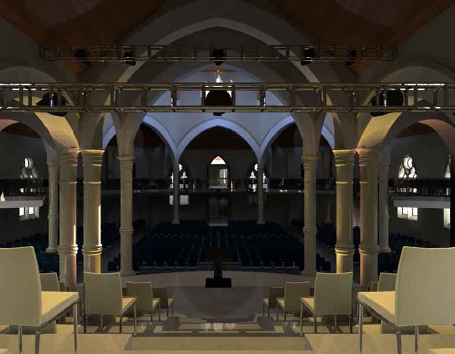 Prayer hall interior design and 3d rendering for rock tower church in London