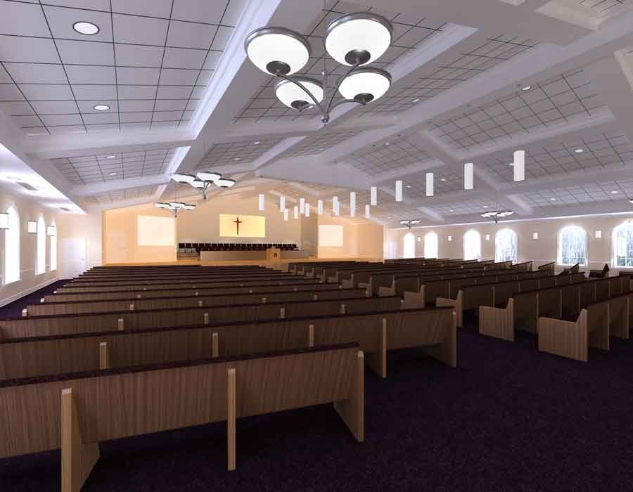 3D rendered view of a church prayer hall in Rockingham, North Carolina, US