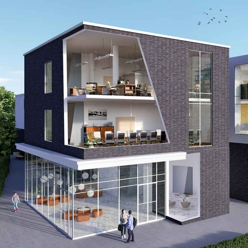 Architectural 3D cross section view of a commercial building in Chennai, India