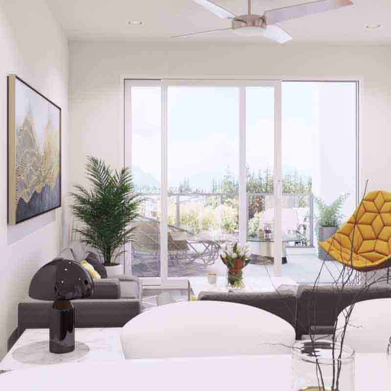 Living room interior 3D view of a condominium in Chilliwack, Canada