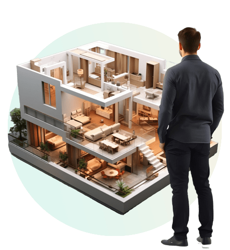 A man watching 3D cross section view of a home