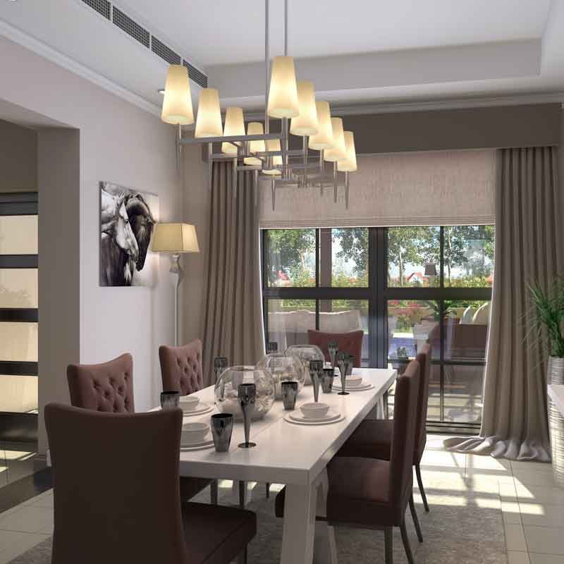 3D rendered image of a dining room of a luxury home in Dubai