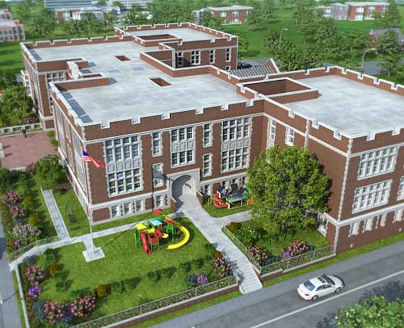3d aerial view render from DREW elementary school 3d tour in Washington, United States