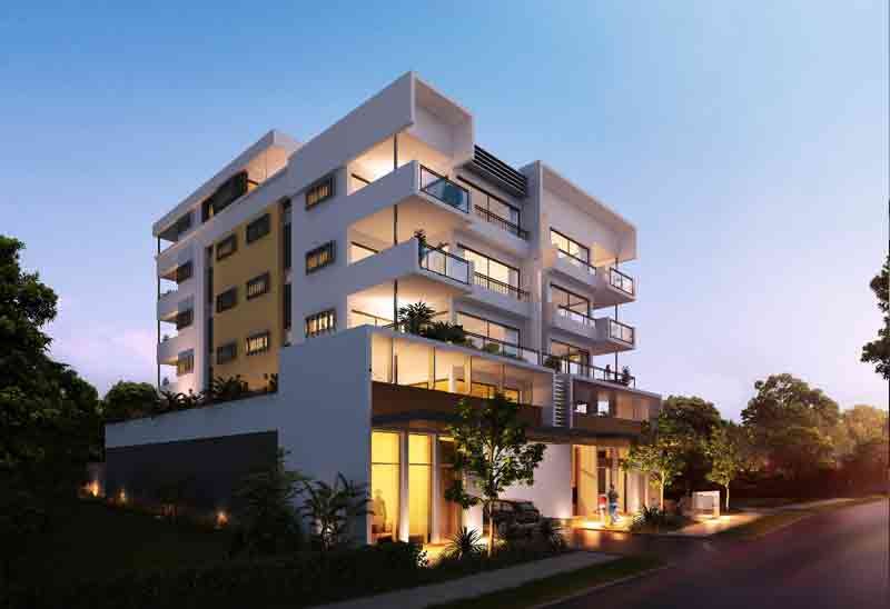 Exterior 3D perspective view of a medium size apartment in Chennai, India