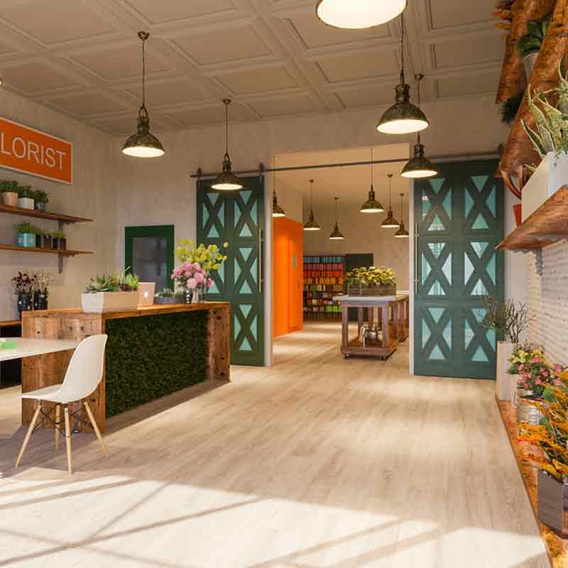 3D render view showing a florist shop in Chicago, United States