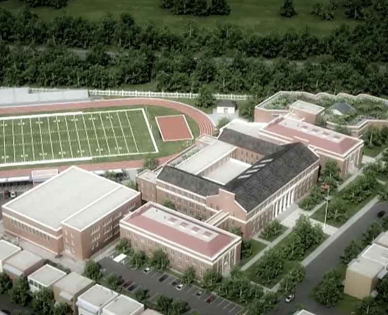 3d aerial view rendering from a high school 3d walkthrough tour
