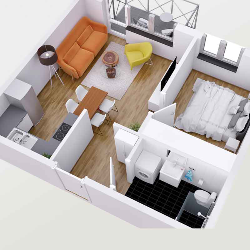 3D floor plan of a 1bkh apartment in Wimbledon, London