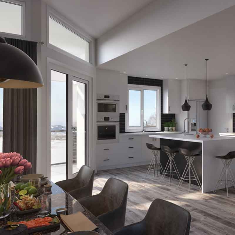 3D render image showing dining cum kitchen view of a house in Canada 