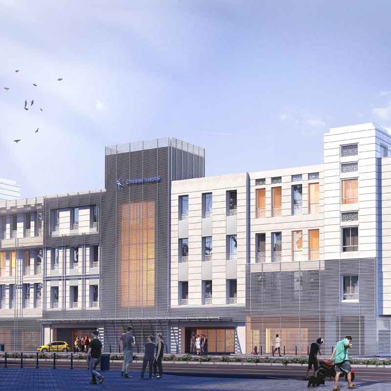 Exterior 3D render image of Emirates hospital in Dubai, UAE