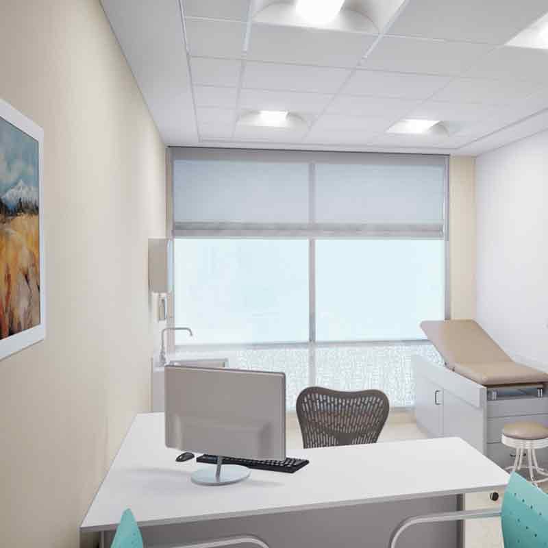 3D Interior render image showing the consultation room in LTC Hospital in Abu Dhabi