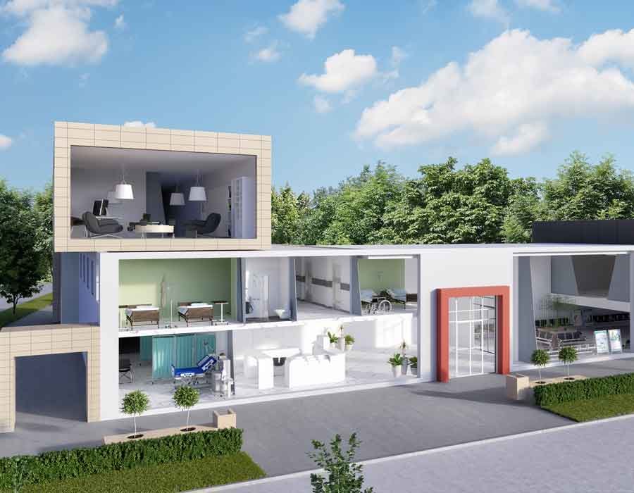 3D croos section render view of a hospital in Bangalore, India