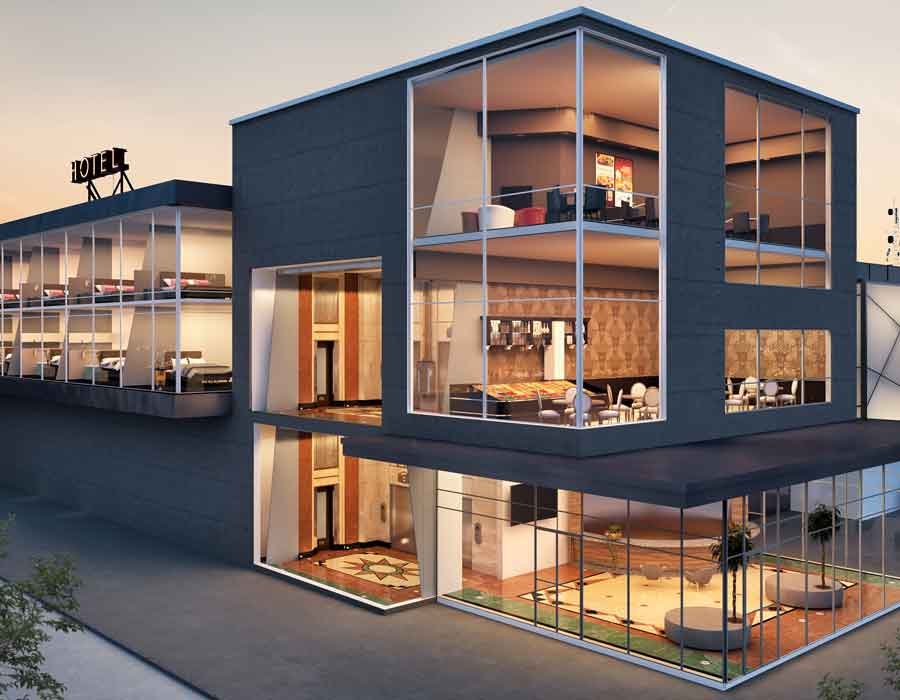 3d cross section view rendering for a hotel in Bangalore, India