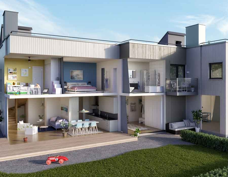 3D cross section rendering of a house in Bangalore, India