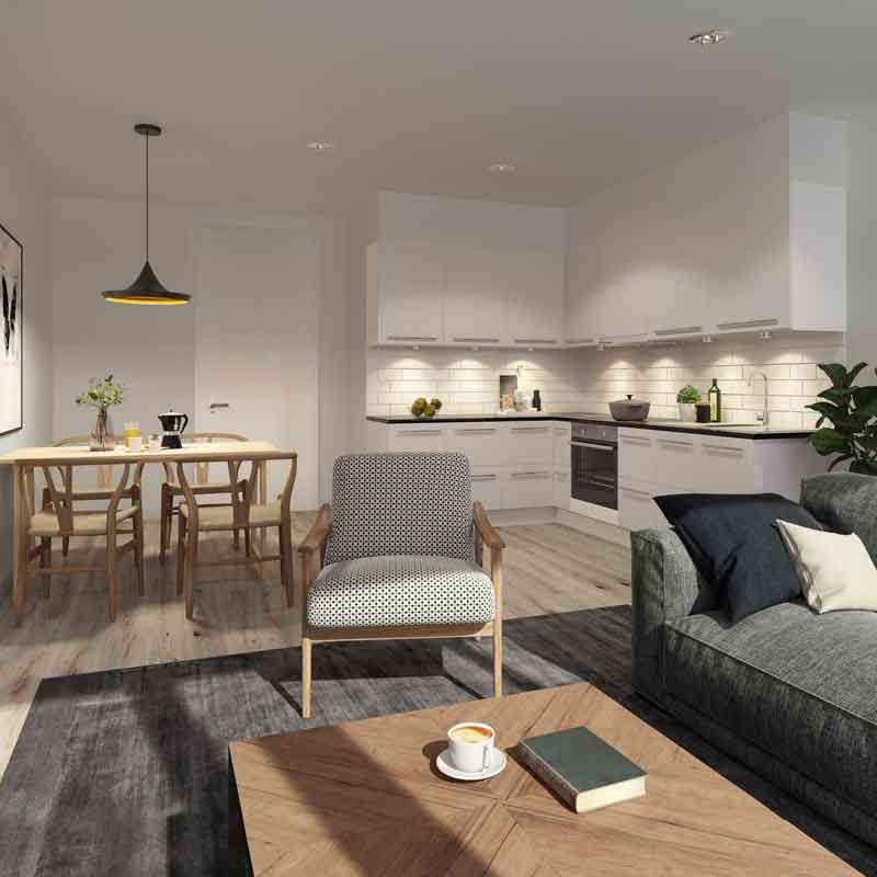 3D rendered image showing dining cum kitchen 3d view