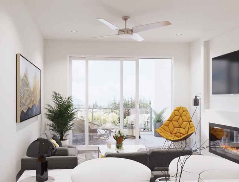3D render view of an apartment living room in Canada