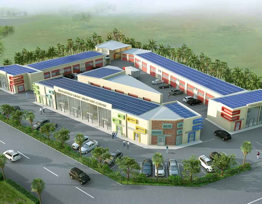 Aerial 3D view rendering of a warehouse in an industrial area in Pilbara, Australia
