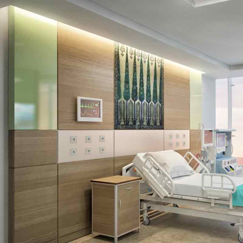 Patient room 3D render view of LTC Hospital, Abudhabi, U.A.E