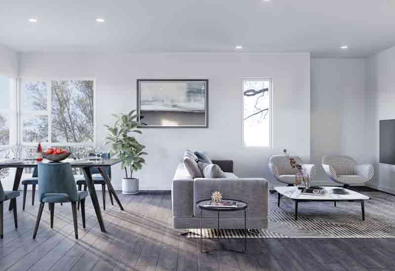 Interior 3D rendered view of a living room cum dining area of an house in Australia