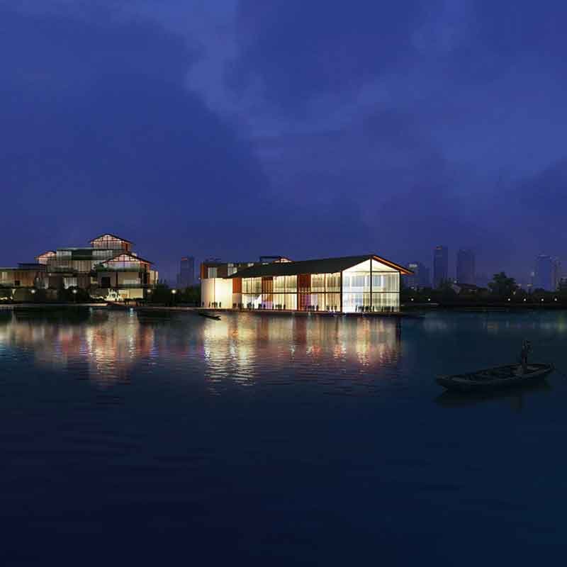 Exterior 3d night view rendering for a lakeside resort in Hangzhou, China