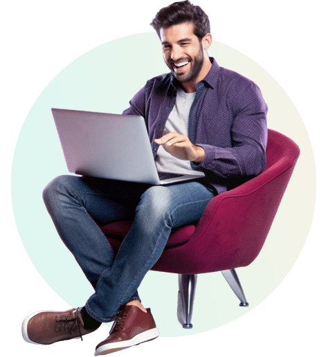 A man watching living room design 3d render view on laptop