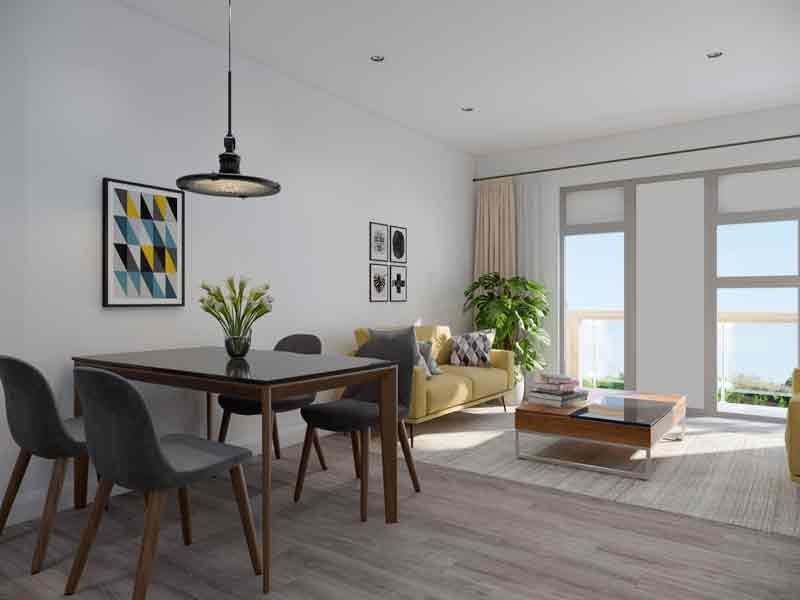 3D render view showing living room cum dining room of an apartment in London