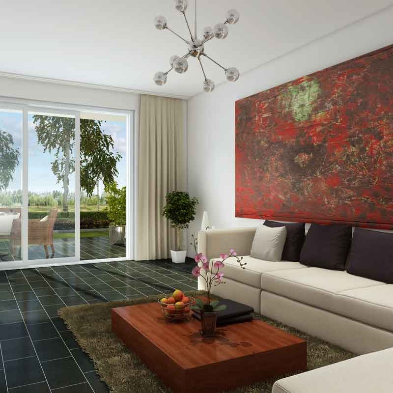 3D rendered view of a townhome living room in Switzerland