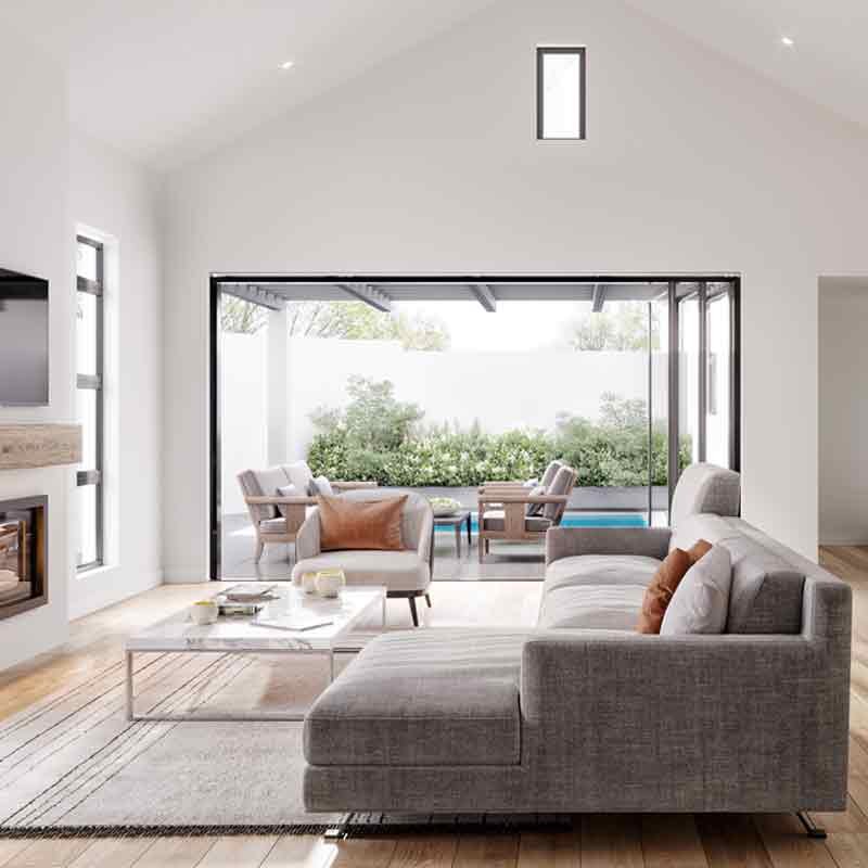 3D rendered image showing living room and patio of a guest house in Cape town, South Africa